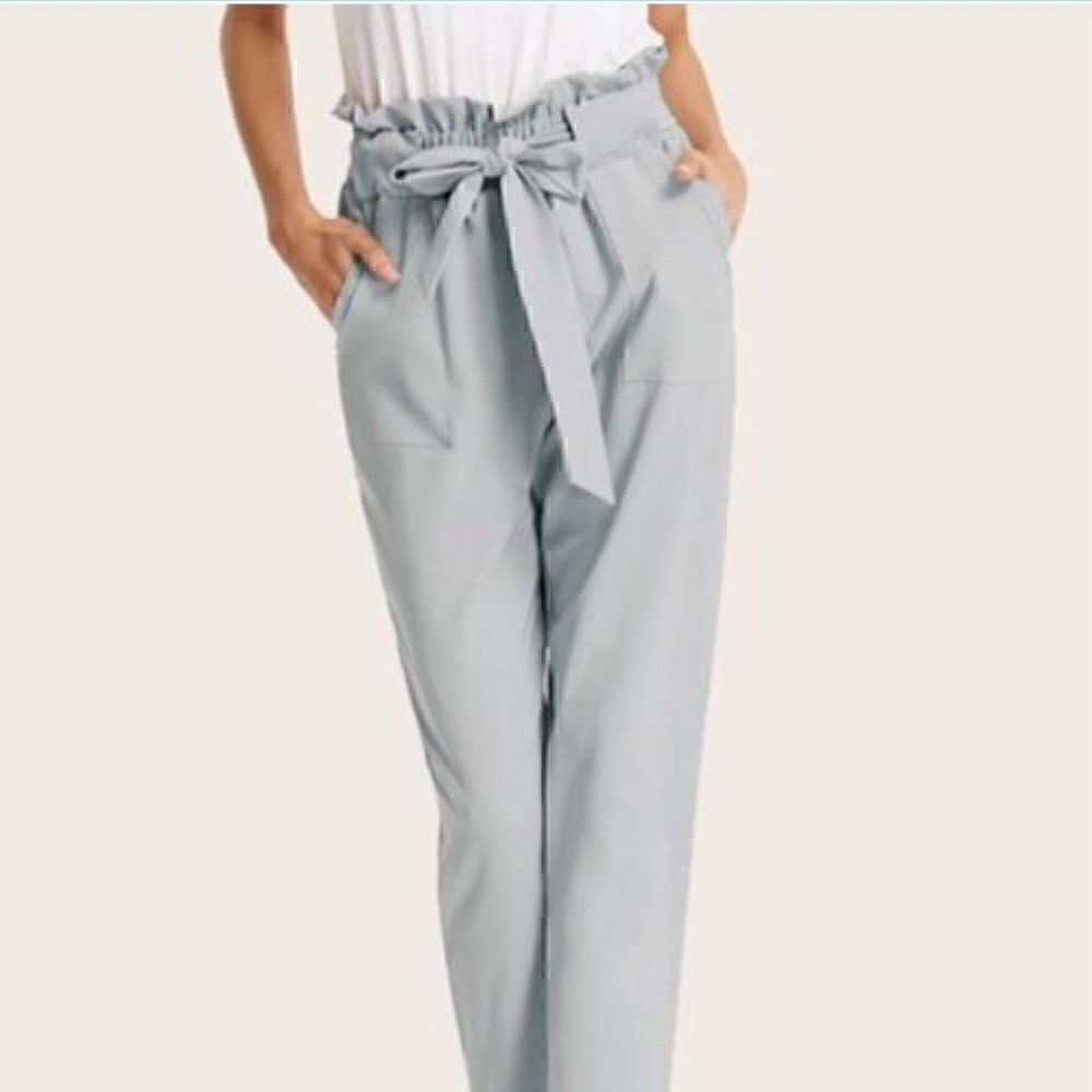 Apana Putty Grey Paperbag High Waist Belted Pants